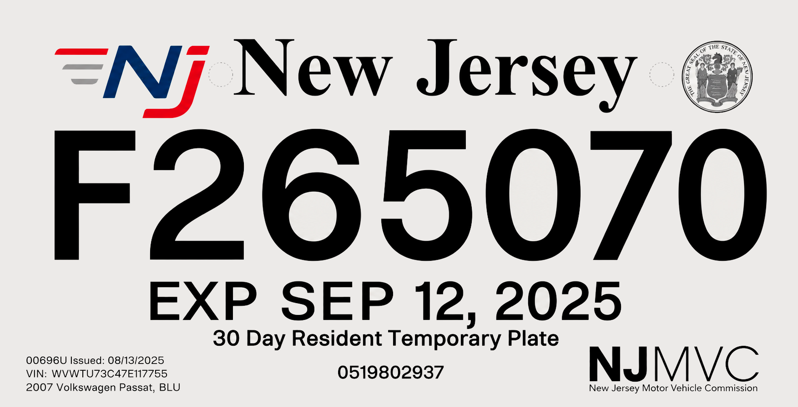 New Jersey Temporary Plate
